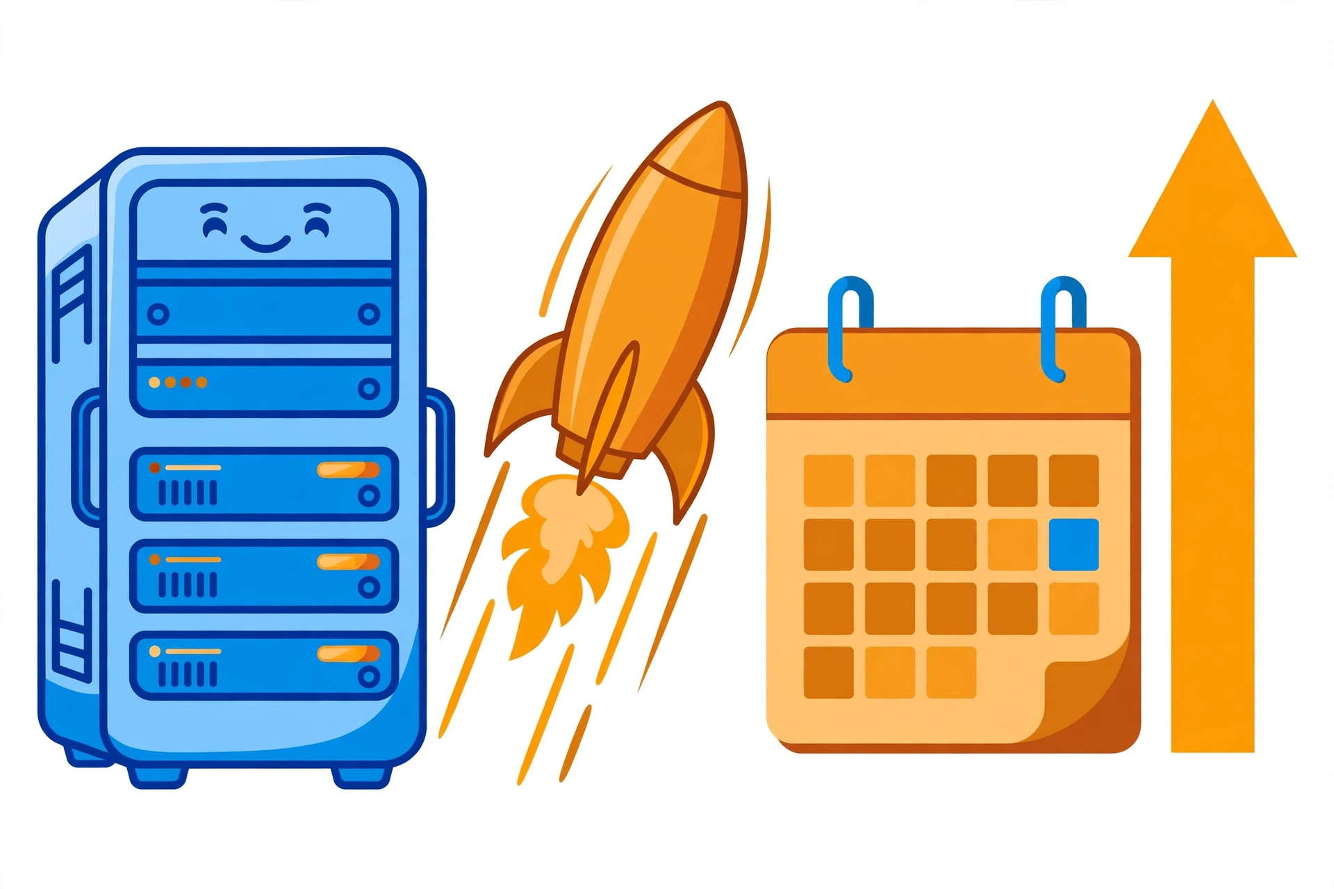 Illustration of a friendly web server with a rocket, a calendar and a rising price arrow, showing how hosting renewal prices climb after the first term