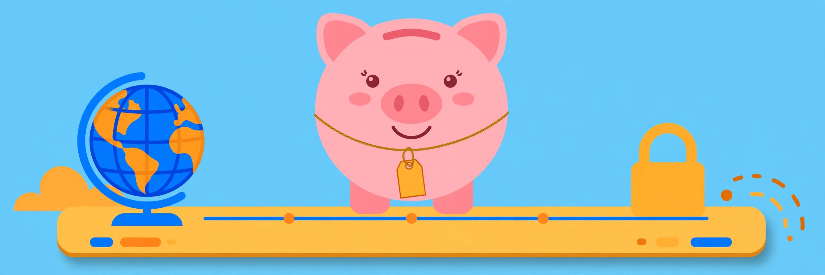 Illustration of a cheerful pink piggy bank with a price tag, standing on a dashboard beside a globe and a padlock, showing flat domain pricing